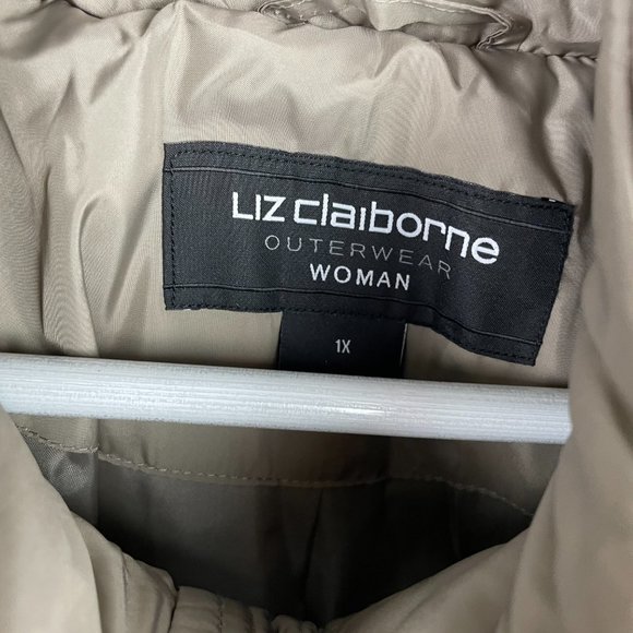 NWT LIZ CLAIBORNE Women 1X Taupe Faux Fur Hood Zip Water Resistant Puffer Jacket - Picture 4 of 14